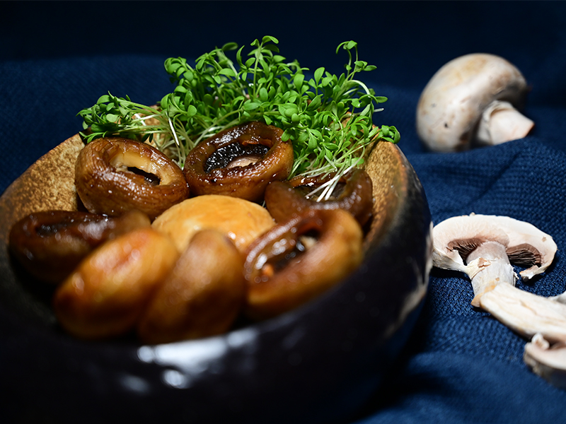 223) Mushrooms in clay dish 